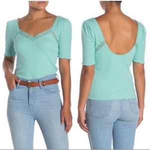 NWT Free People Margaux Ribbed Lace Detail Top in Teal Robin’s Egg Blue size M